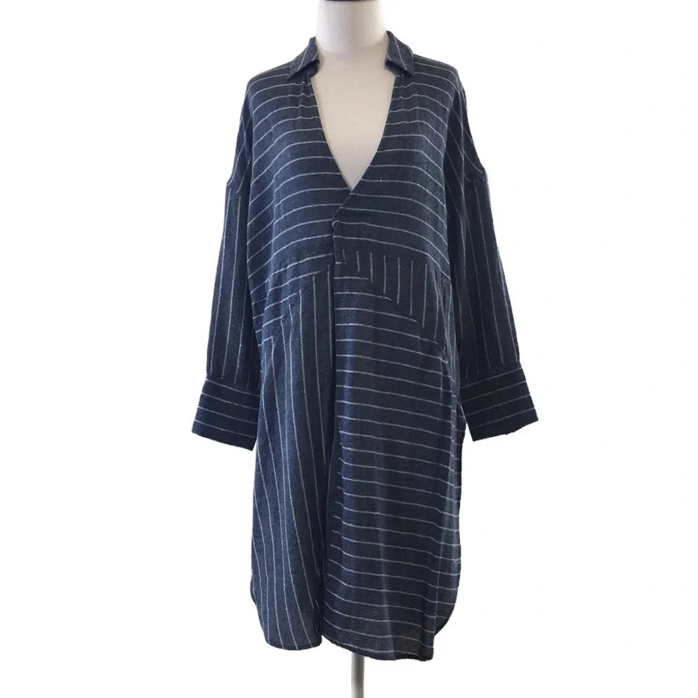 Akemi+Kin Blue Striped Shirt Tunic Womens Small Long Sleeve Collar Anthropologie
